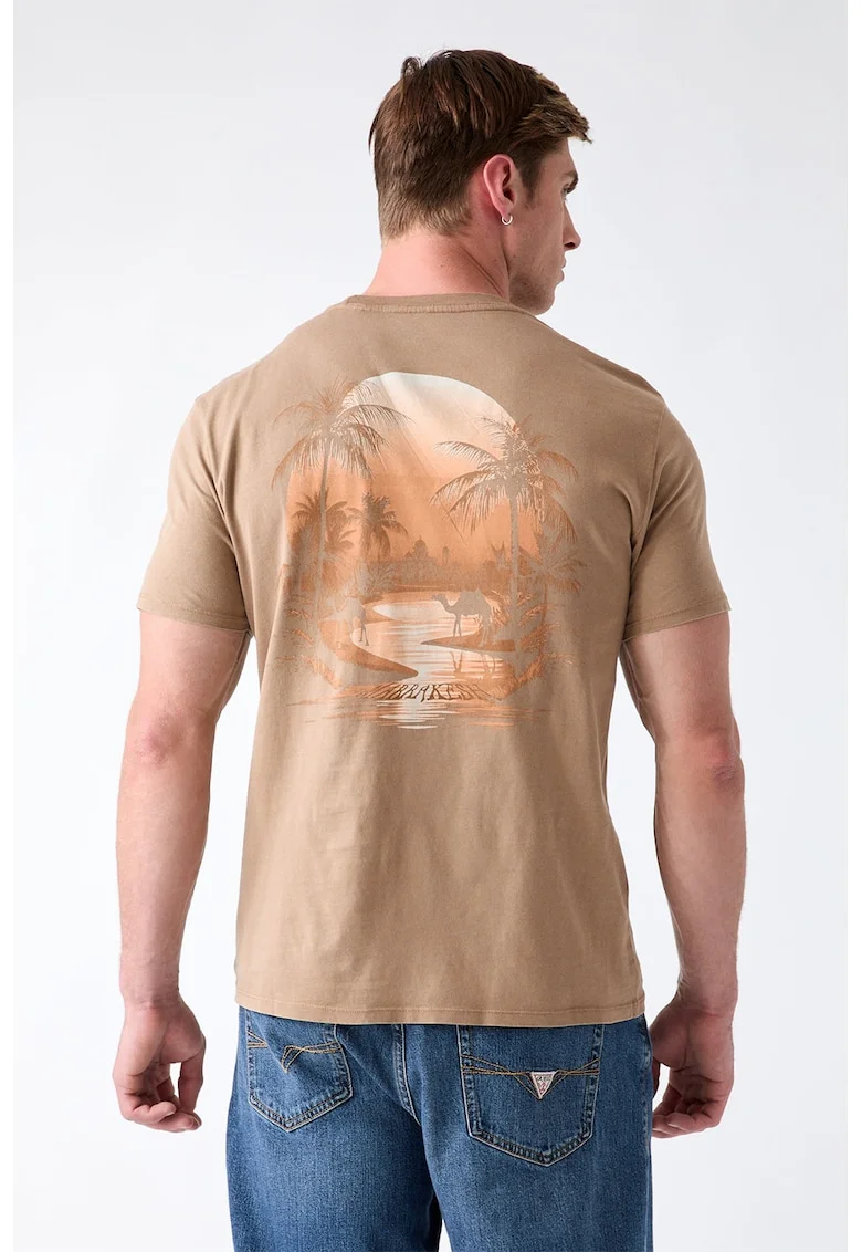 Tricou de bumbac cu imprimeu pe spate, Maro nisip