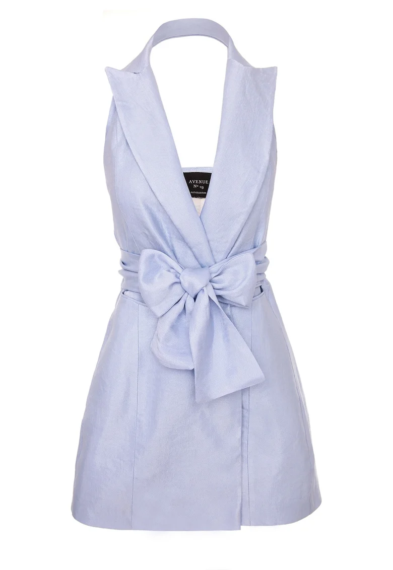 Rochie mini de in cu cordon in talie, albastru