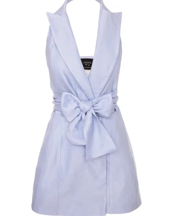 Rochie mini de in cu cordon in talie, albastru