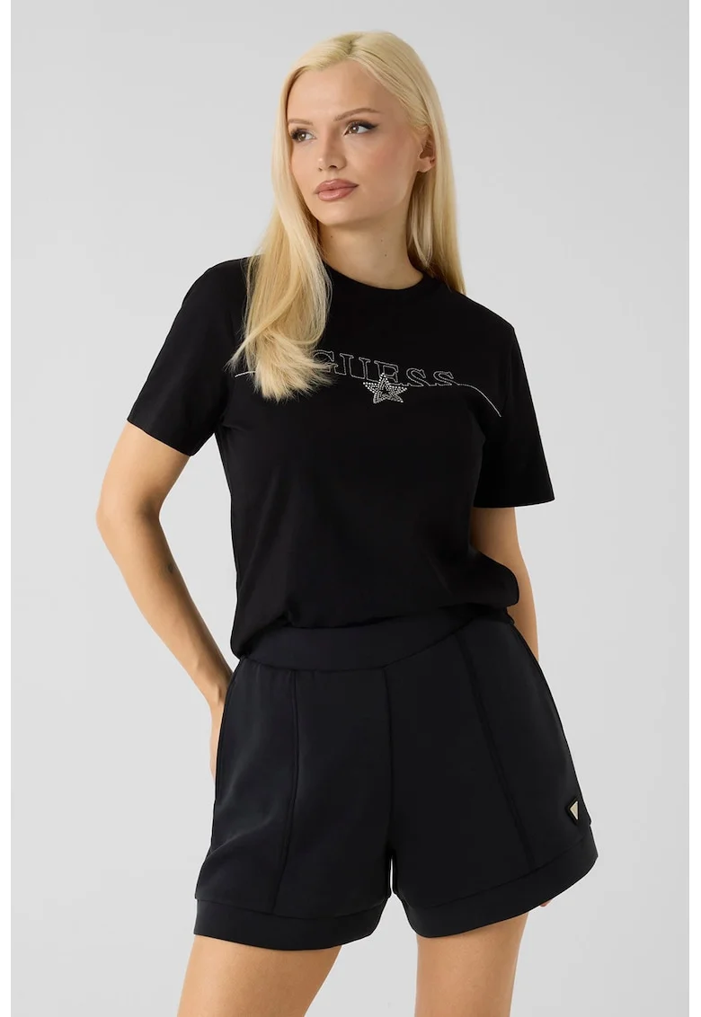 Tricou de bumbac cu broderie si strasuri, Negru