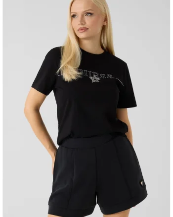 Tricou de bumbac cu broderie si strasuri, Negru