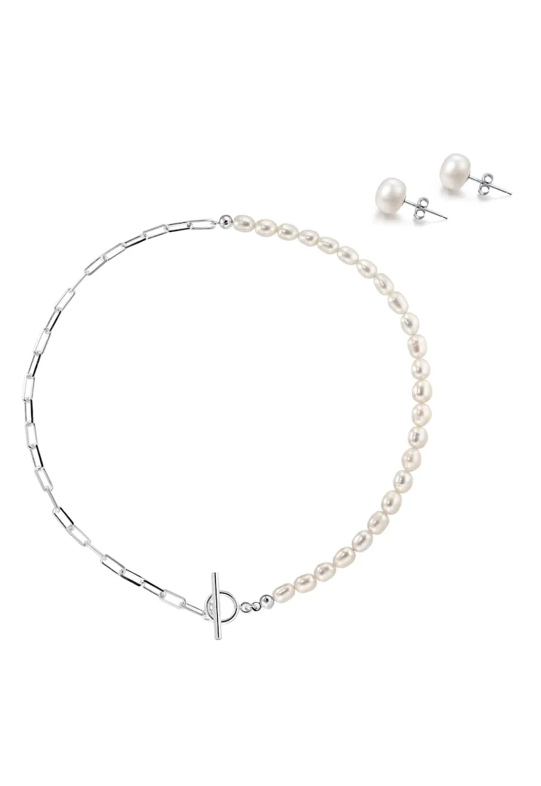 Set cercei argint 925 cu perle de cultura si colier argint 925 cu perle de cultura albe 6.5mm, inchizatoare, Argintiu