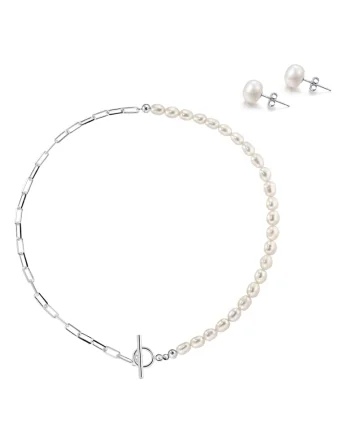 Set cercei argint 925 cu perle de cultura si colier argint 925 cu perle de cultura albe 6.5mm, inchizatoare, Argintiu