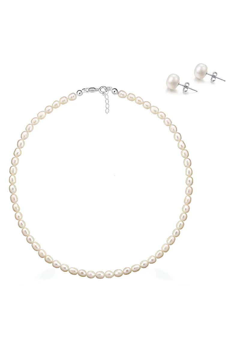 Set cercei argint 925 cu perle de cultura si colier argint 925 cu perle de cultura albe 6.5mm, inchizatoare, Alb | Auriu