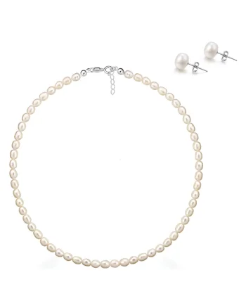 Set cercei argint 925 cu perle de cultura si colier argint 925 cu perle de cultura albe 6.5mm, inchizatoare, Alb | Auriu