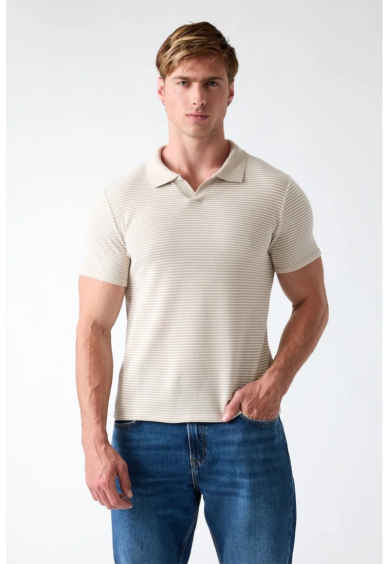 Tricou slim fit cu dungi, Maro taupe/Alb murdar