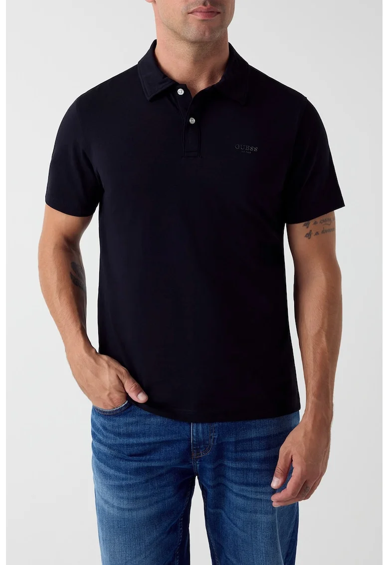 Tricou polo slim fit cu logo, Negru