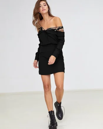 Camasa din vascoza cu umeri decupati si tulle cu broderie Reveal, Negru