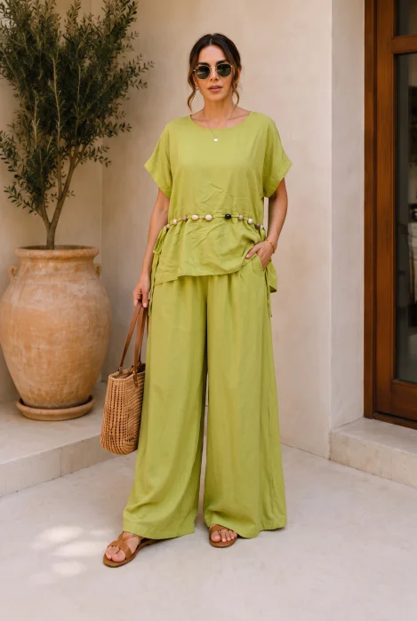 Compleu dama din vascoza cu pantaloni palazzo si bluza lejera cu margele, verde olive