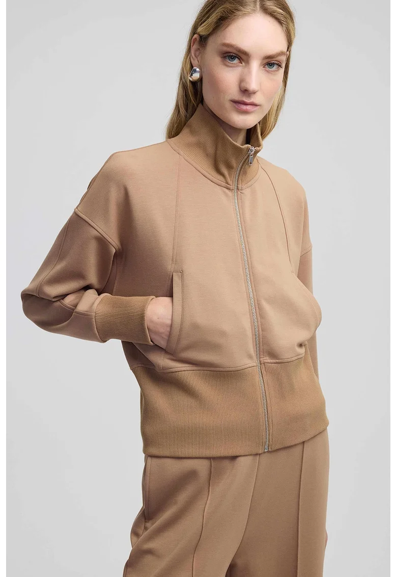 Bluza de trening cu maneci cazute si fermoar, Maro deschis