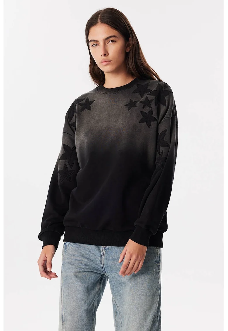 Bluza de trening cu model cu stele si maneci cazute, Negru/Gri