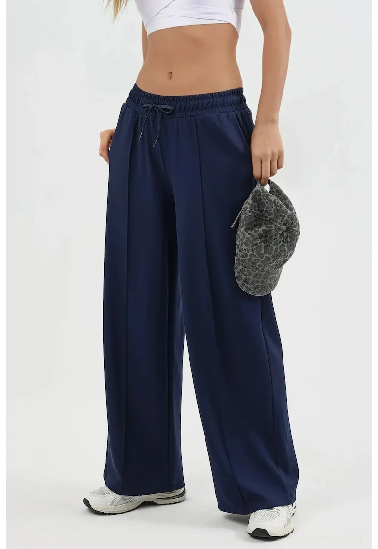 Pantaloni dama,  talie elastica, bleumarin, textil, Bleumarin