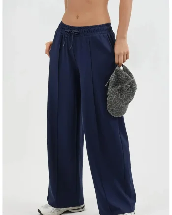 Pantaloni dama,  talie elastica, bleumarin, textil, Bleumarin