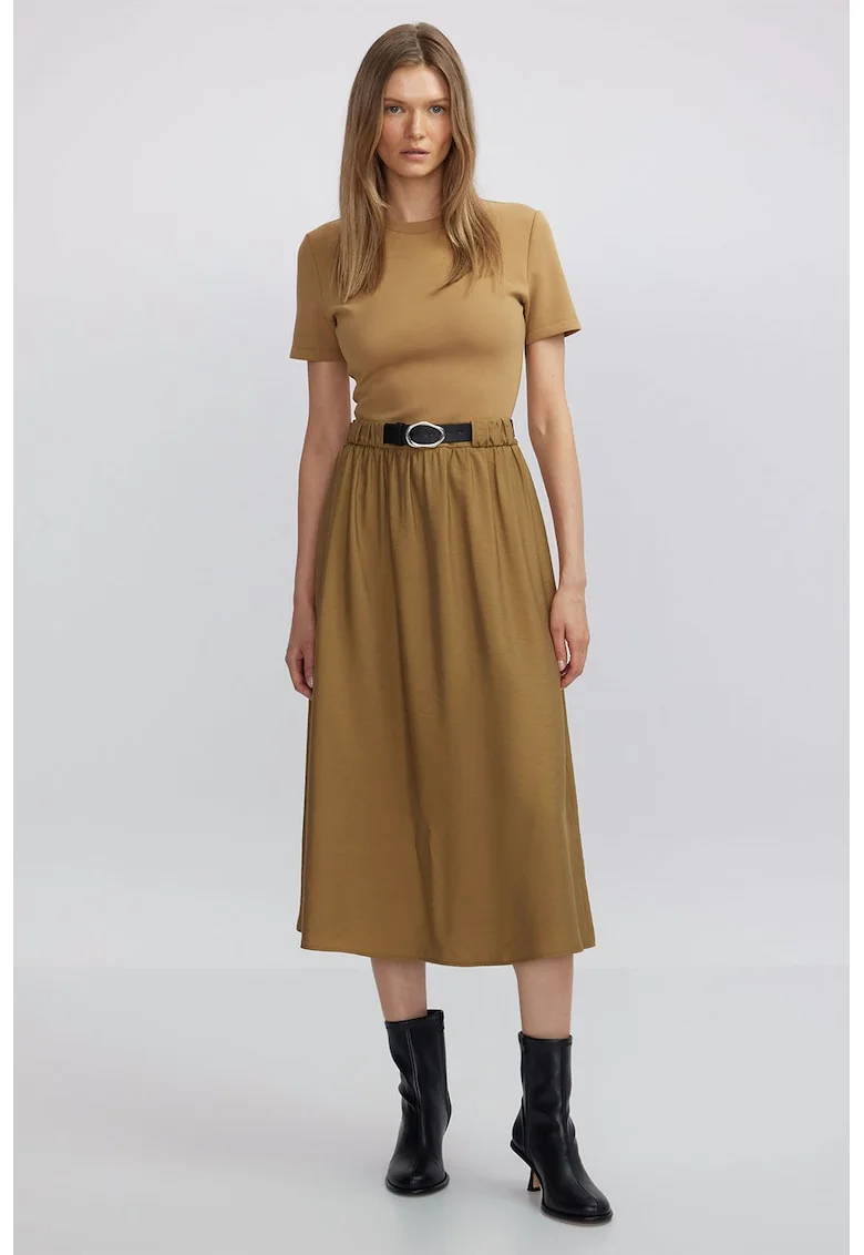 Rochie evazata cu maneci scurte, Maro deschis/Maro camel