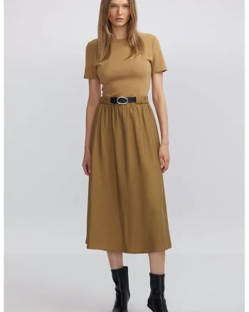 Rochie evazata cu maneci scurte, Maro deschis/Maro camel