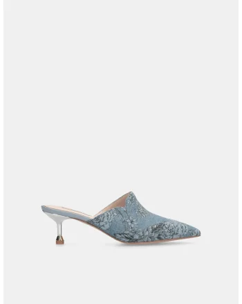 Saboti din denim cu model floral si toc