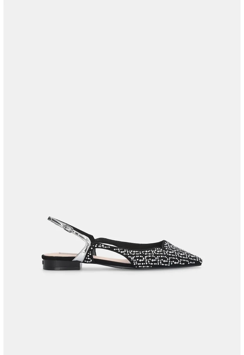Balerini slingback de piele ecologica cu strasuri, Negru/Argintiu