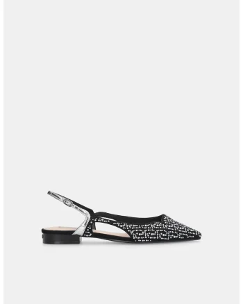 Balerini slingback de piele ecologica cu strasuri, Negru/Argintiu