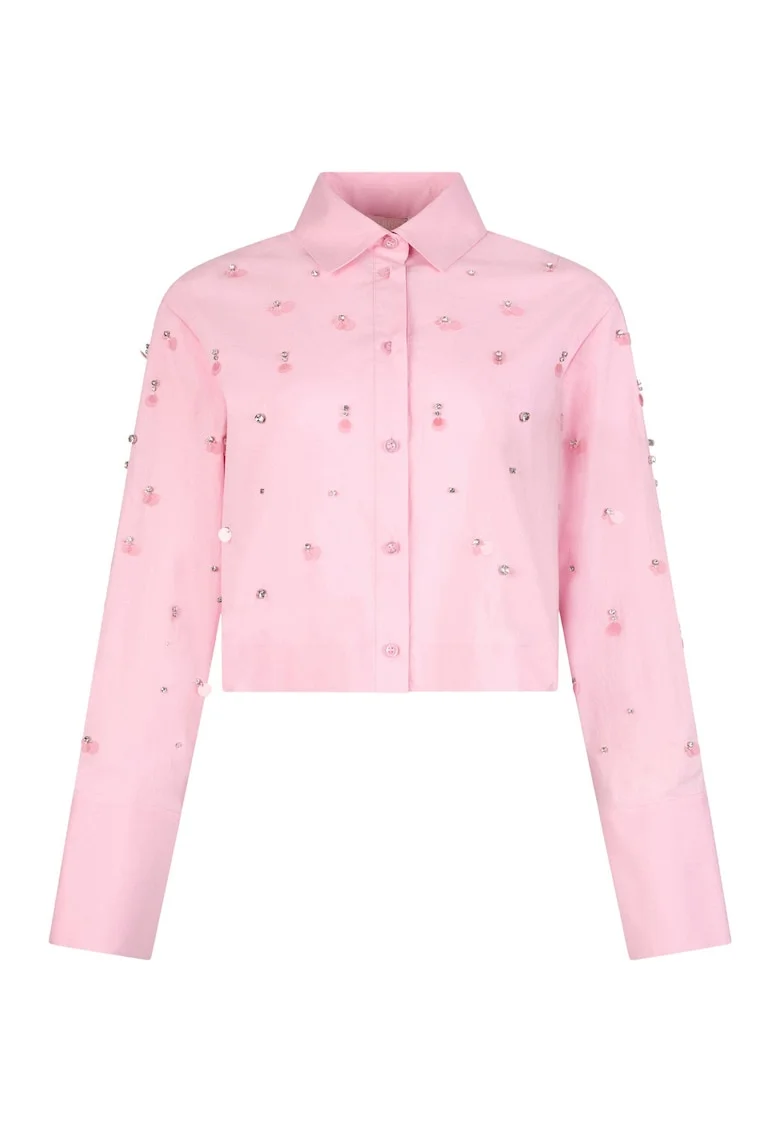 Camasa crop cu strasuri, Roz