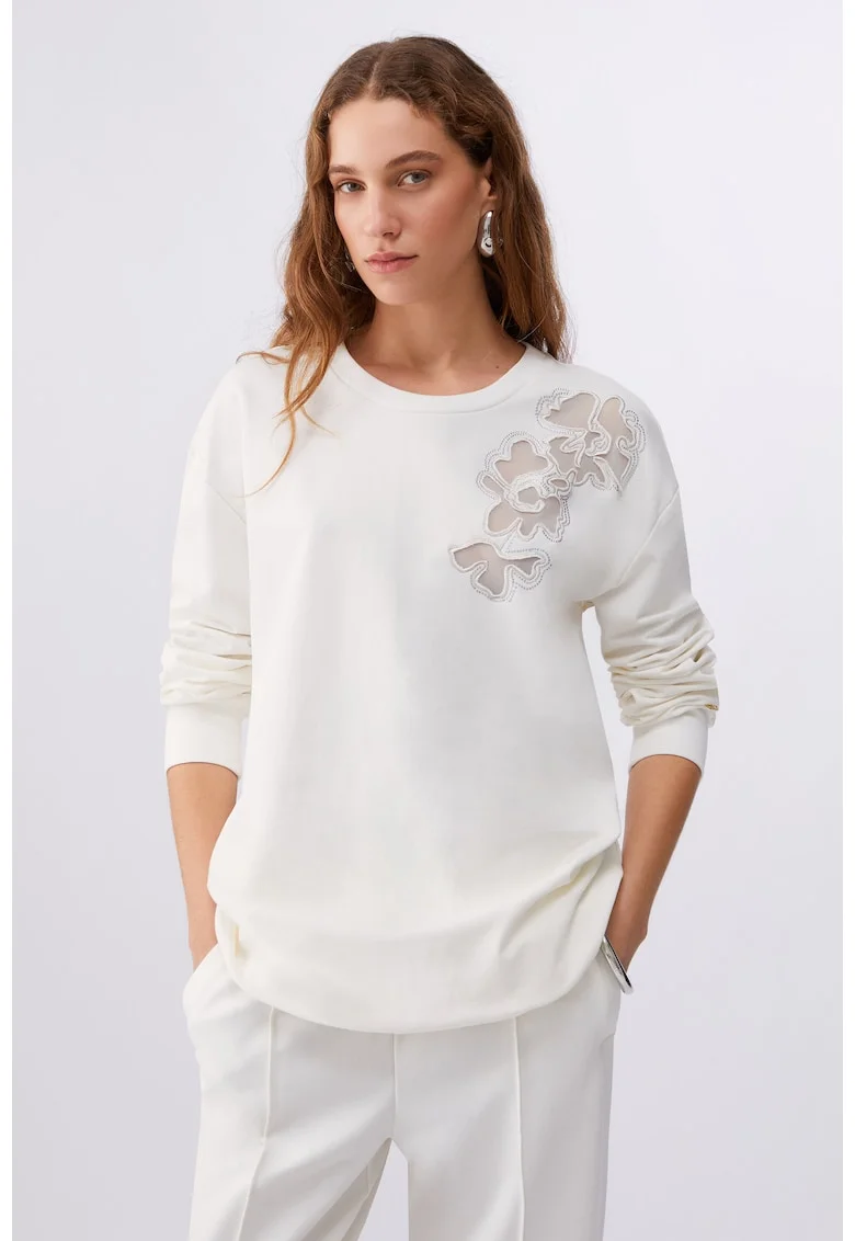 Bluza de trening cu broderie florala si aplicatii, Alb