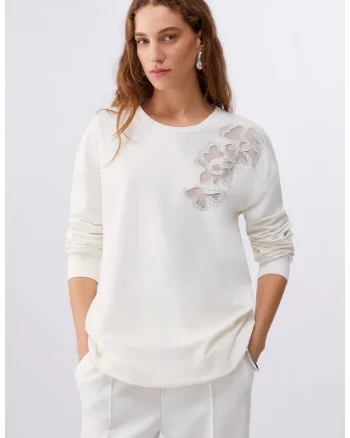 Bluza de trening cu broderie florala si aplicatii, Alb