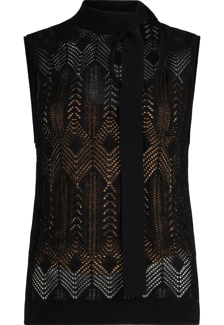Top din tricot cu decolteu cu funda din panglici, Negru