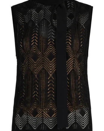 Top din tricot cu decolteu cu funda din panglici, Negru