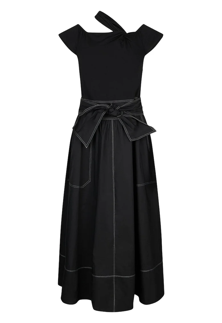 Rochie midi evazata cu prindere cu funda din panglici, Negru