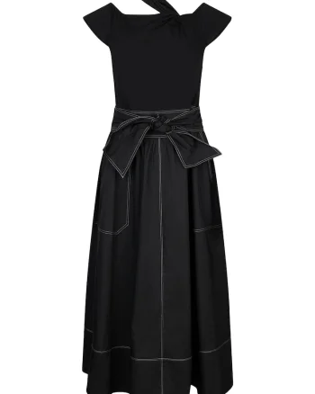 Rochie midi evazata cu prindere cu funda din panglici, Negru