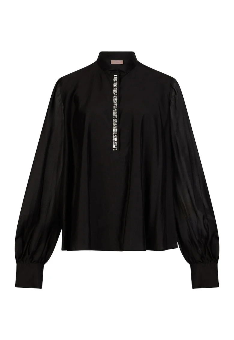 Bluza din amestec de lyocell cu bijuterie brodata, Negru
