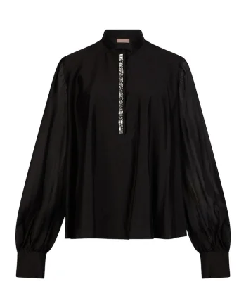 Bluza din amestec de lyocell cu bijuterie brodata, Negru
