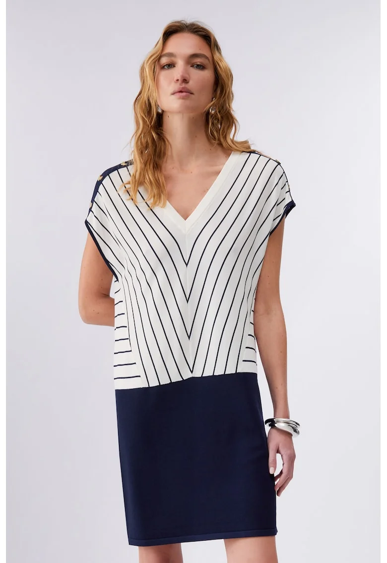 Rochie in dungi cu decolteu in V, Albastru