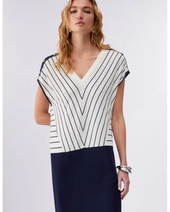 Rochie in dungi cu decolteu in V, Albastru