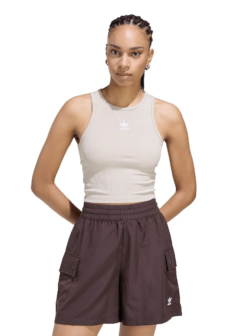 Top crop striat cu decolteu racerback Essentials, Crem