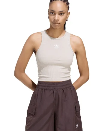 Top crop striat cu decolteu racerback Essentials, Crem
