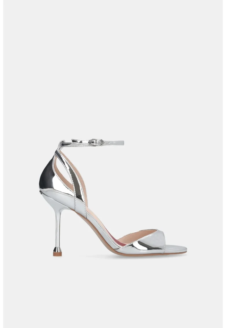 Sandale stiletto cu aspect lacuit si bareta pe glezna, Argintiu