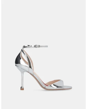 Sandale stiletto cu aspect lacuit si bareta pe glezna, Argintiu