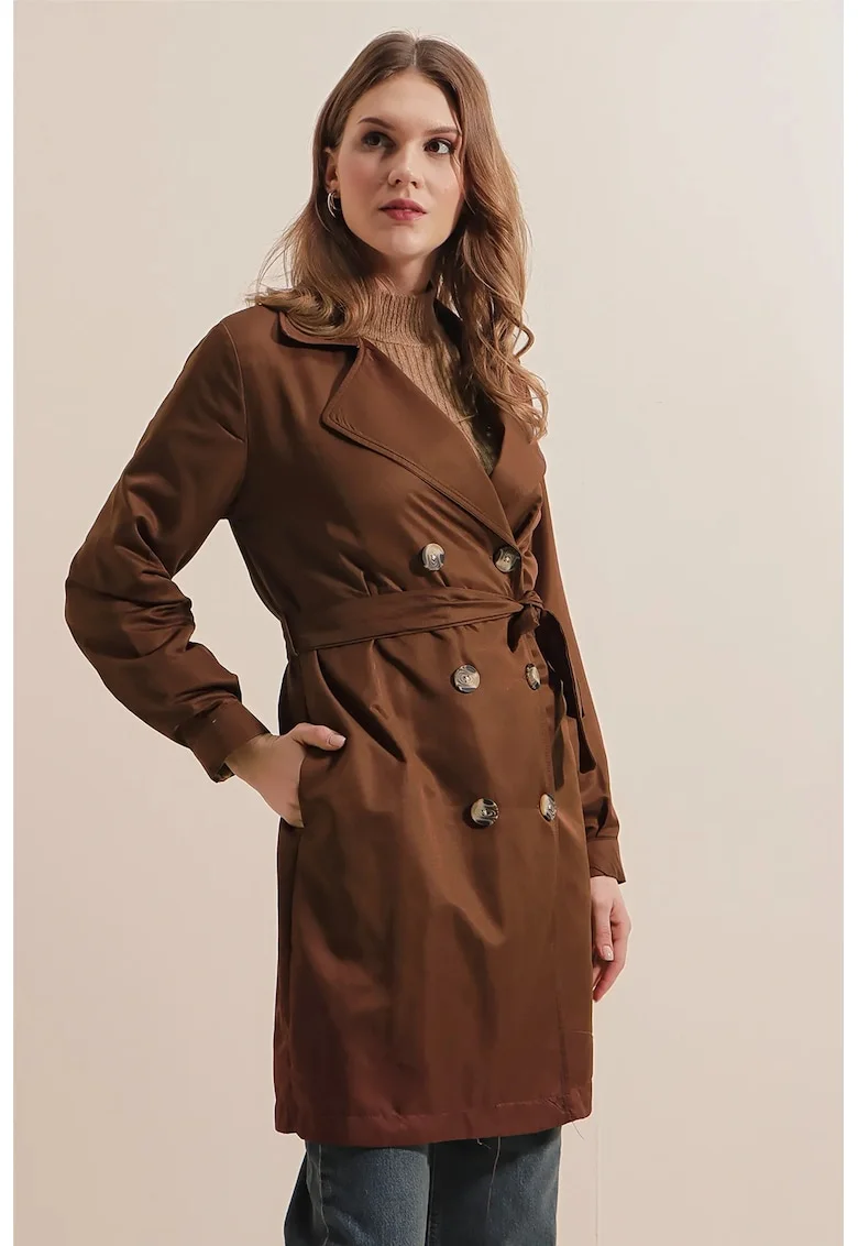 Palton pentru dama, HiCCUP, cu doua randuri de nasturi, textil, maro