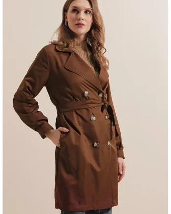 Palton pentru dama, HiCCUP, cu doua randuri de nasturi, textil, maro