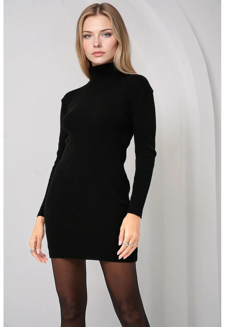 Rochie mini tricotata,  guler inalt, design texturat, tricot, Negru,