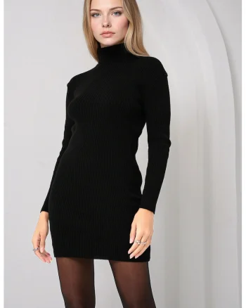 Rochie mini tricotata,  guler inalt, design texturat, tricot, Negru,