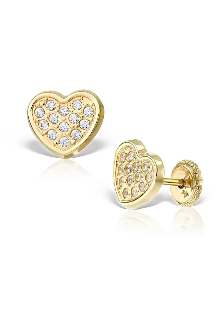 Cercei fetite, aur 14 KT, model inimioare, inchidere cu protectie