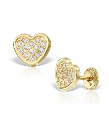 Cercei fetite, aur 14 KT, model inimioare, inchidere cu protectie