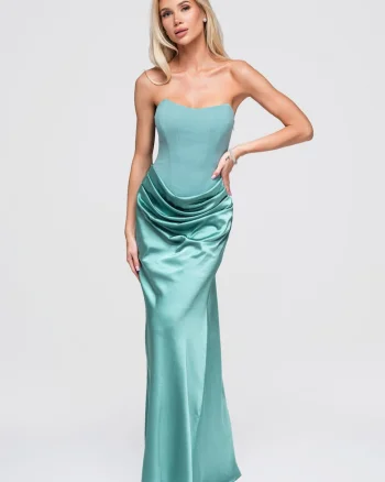 Rochie eleganta maxi cu corset, fara rami, satinat LA-OM-DLR392, Verde