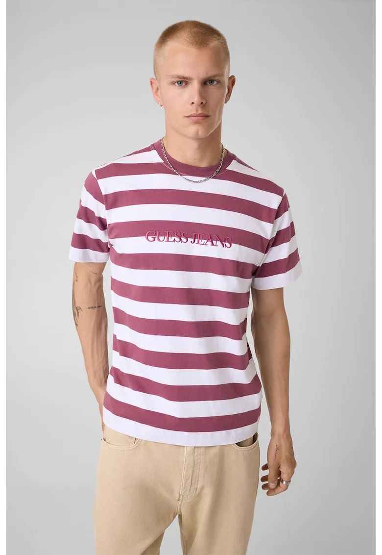 Tricou de bumbac cu dungi si logo