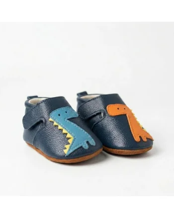 Papuci de interior pentru copii,  Piele naturala, Talpa flexibila pentru primii pasi, Albastru multicolor