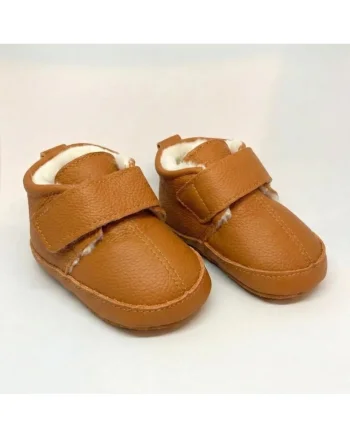 Papuci de interior pentru copii,  Piele naturala, Talpa flexibila pentru primii pasi, Maro camel