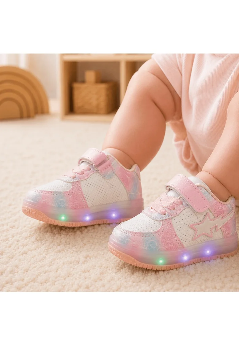 Pantofi copii cu lumini LED, Inchidere velcro, Roz