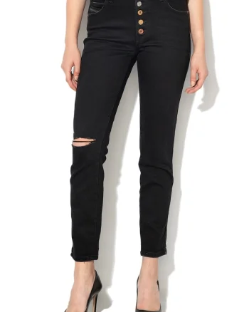 Blugi skinny slim fit cu rupturi decorative la nivelul genunchilor Babhila-B, Negru