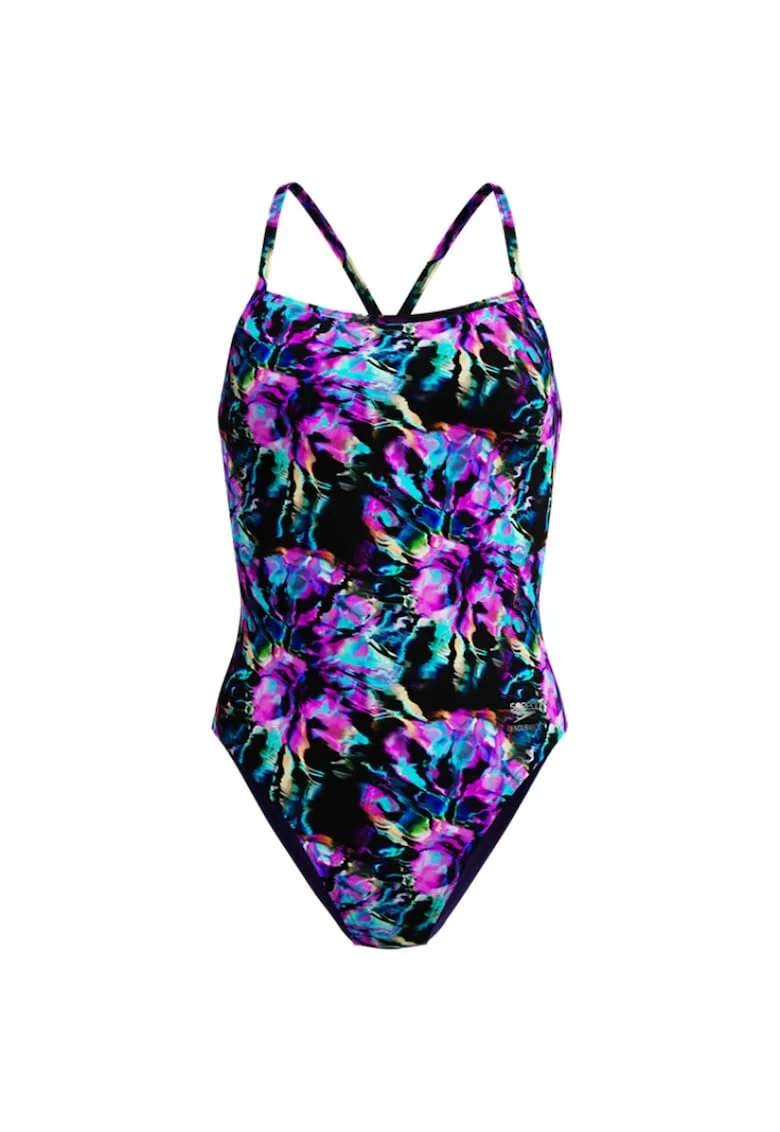 Costum inot femei  FL Printed V-Back 2.0 negru/mov – Endurance+, rezistent la clor, Negru | Mov